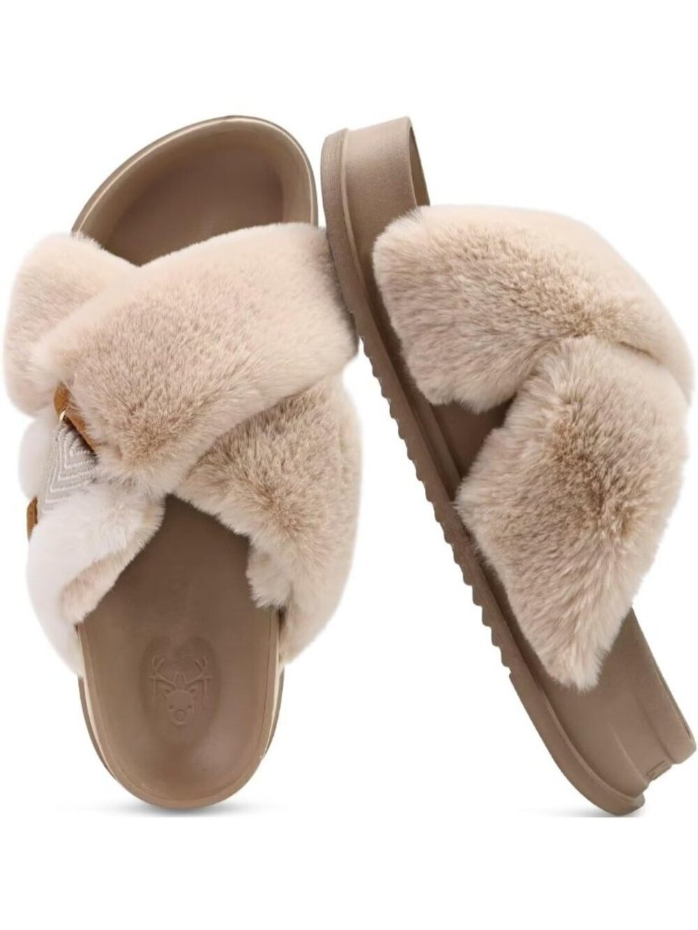 Women's Beige Fuzzy Cross Band Platform Slippers Comfortable Indoor Outdoor